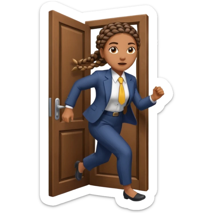 brown skinned female with braids in business attire running out of door sticker