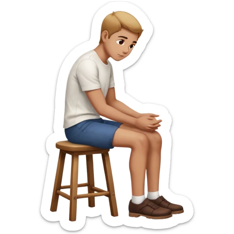 a person sitting on a stool with straight back turn in straight body putting their hands on both legs. sticker