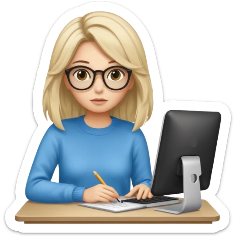 ragazza bionda con capelli lunghi, con occhiali tartarugati, occhi azzurri, con maglione beige, seduti alla scrivania che lavora al pc sticker