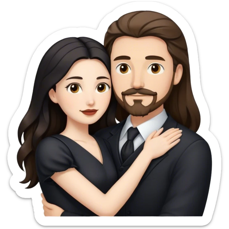 tall white man with brown hair goatee mustache hugging a pale woman with long black hair, wearing elegant clothing sticker