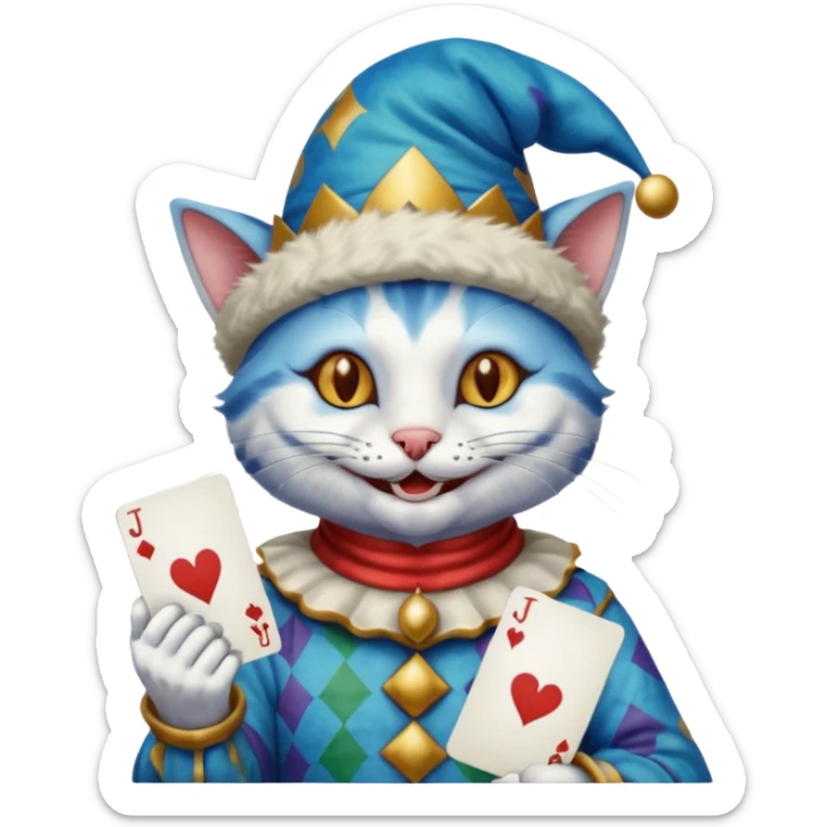 crazy colorful cute little cat jolly joker from poker, medieval, vintage, court jester, mac os icon, blue color, holds a single poker card on the right paw sticker