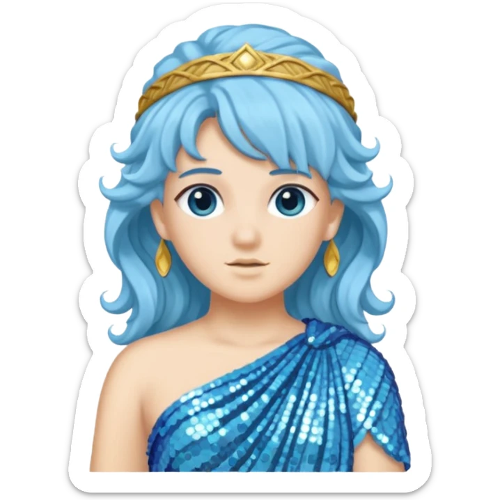 Athena from Roman Deities with long light blue wavy hair, light blue sequin toga sticker