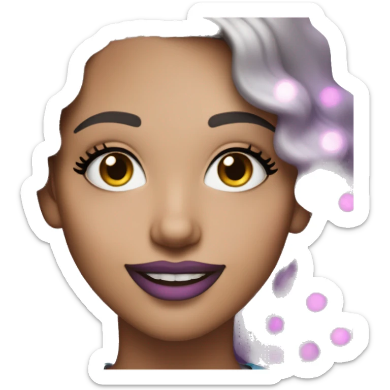 An adult white-skinned woman, with makeup, smiling, pink and purple sparkles of glitter on her face, blue eyes, wavy ombre hair, ring earrings, black T-shirt. sticker