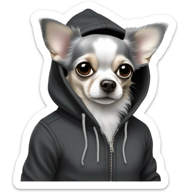 Realistic grey and light grey long hair chihuahua dog in a black hoody sticker