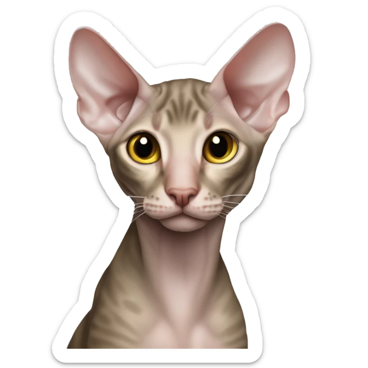“Realistická Peterbald mačka s nahou kožou, veľké uši, sfarbenie v siamskom štýle (svetlé telo s čiernymi končekmi labiek, nos , uší a chvosta), svetlo modré oči, detailný a emocionálny vzhľad.”  sticker