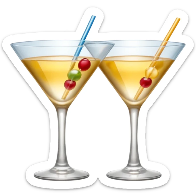 two realistic glasses of cocktail in emoji style,  martini glass shape, no straw, no fruit, no ice, no Cocktail sticks sticker