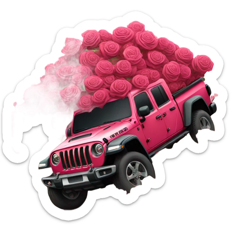 Realistic Red Jeep Gladiator with the truck bed full of pink roses. sticker