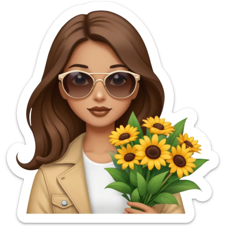 cool girl with long brown hair holding a bouquet of flowers, sunglasses, trendy sticker