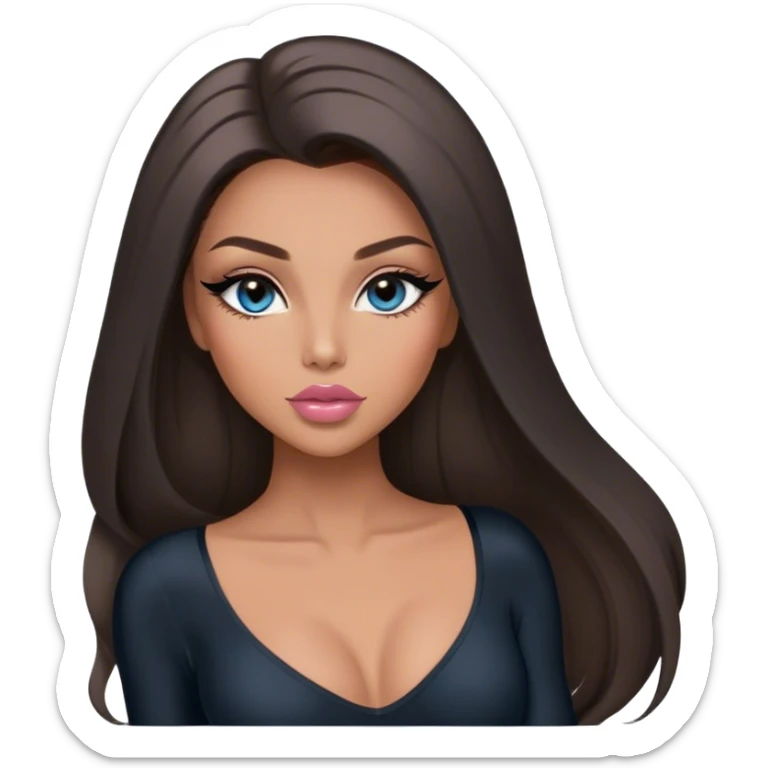 Glamours, tanned, very beautiful girl, with big pump peach-beige-rose lips, long long lashes, black straight smooth silky long hair, straight parting hair, blue-grey eyes in black long-sleeves bodysuit sticker