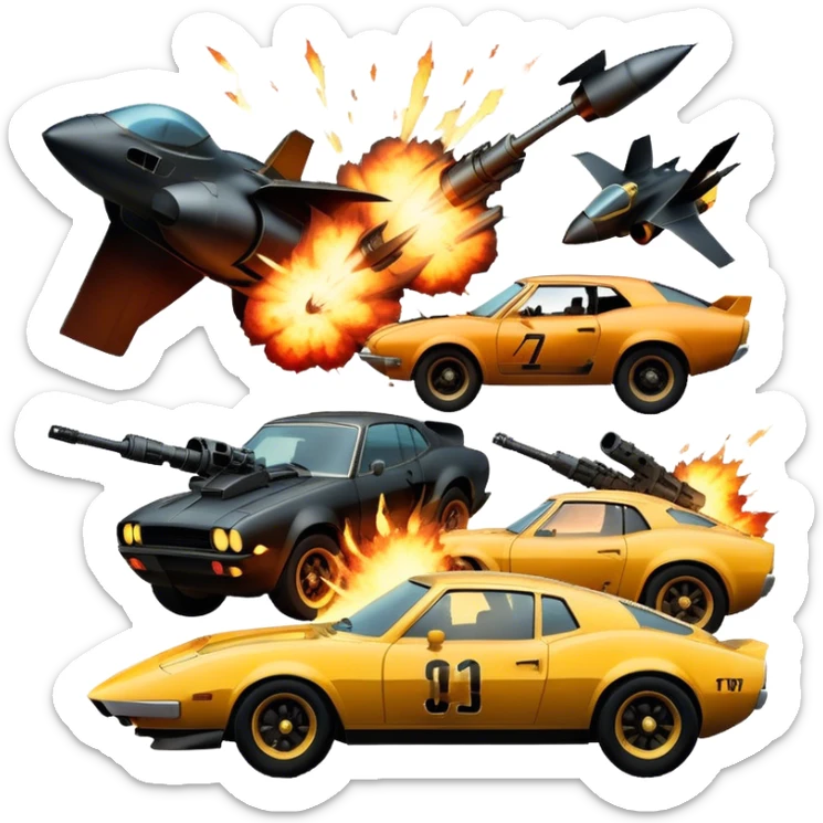Photorealistic Icon for Action Movies: Close-up Dynamic collage of iconic action movie scenes featuring explosions, fast cars, combat, and weapons. Include silhouettes of famous action heroes, dramatic lighting, and a sense of high-octane energy. Transparent background. sticker