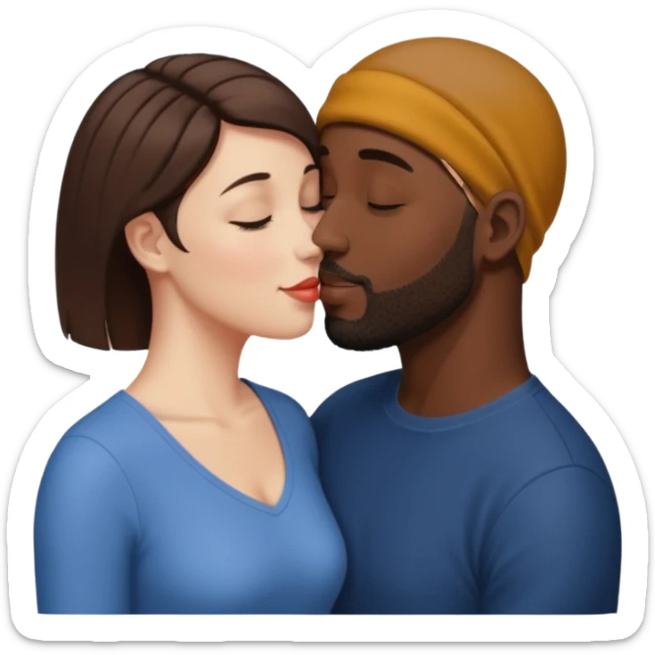a white woman with short brown hair and a black man with no hair and a beard are facing one each other and the woman is giving a kiss to the man's forehead sticker