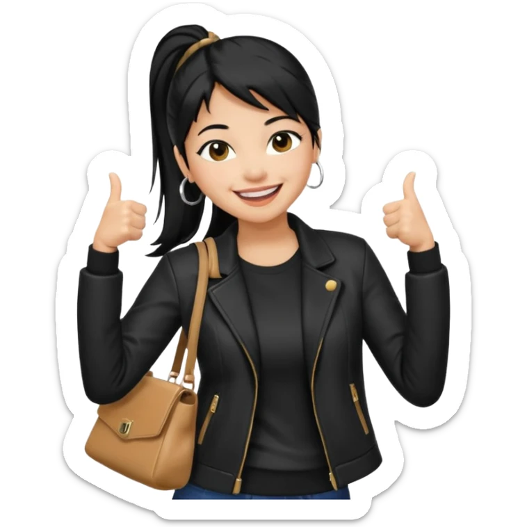 A girl with a pony tail black hair and Asian tan skin, Asian eyes, with a black jacket and a black purse, laughing with arms crossed giving a thumbs up  sticker