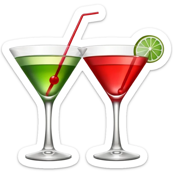two realistic glasses of cocktail in emoji style, one is red color and one is green, martini glass shape, no straw, no fruit, no ice sticker