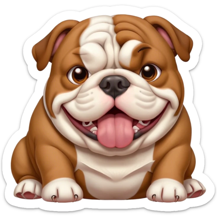 Cinematic Cute Yawning Brown and White English Bulldog Portrait Emoji, Head tilted slightly with a dramatic, wide-open yawn, showcasing a smooth brown and white coat with a defined pattern, floppy ears slightly drooping, round brown eyes barely open in drowsy contentment, Simplified yet irresistibly adorable features, highly detailed, glowing with a soft, cozy glow, high shine, relaxed yet expressive, stylized with a touch of whimsy, bright and endearing, soft glowing outline, capturing the essence of a sleepy yet affectionate guardian, so drowsy it feels like it could stretch out of the screen and curl up for a nap! sticker