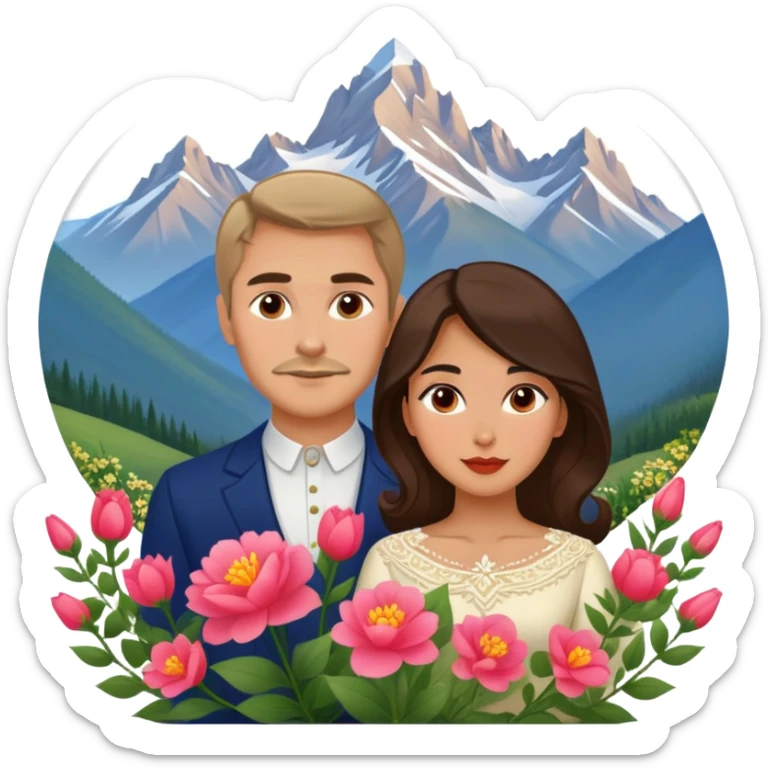 Couple traveling in Montenegro russian man and elegant  Latina girl delicate flowers and mountains in the background  sticker