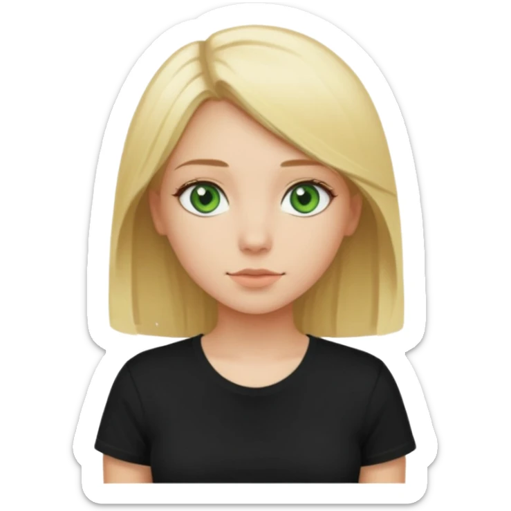Girl with green eyes, blonde with an even hole with straight hair up to the waist in a black t-shirt sticker