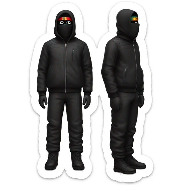 Generate ma a german roadmenwith a gucci bag an fullblack outfit and a ski mask standing full body + legs looking at the camera sticker