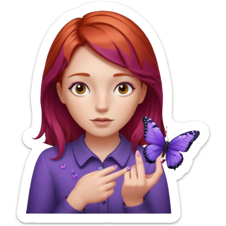 red haired girl finger holding purple butterfly - but her hands down sticker