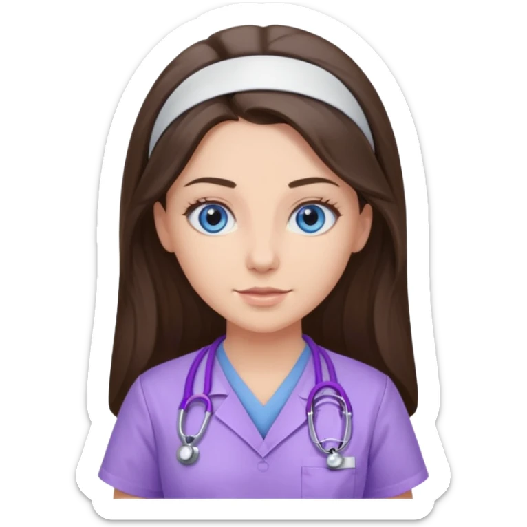 pretty brunette nurse with long hair and blue eyes in lilac scrubs sticker