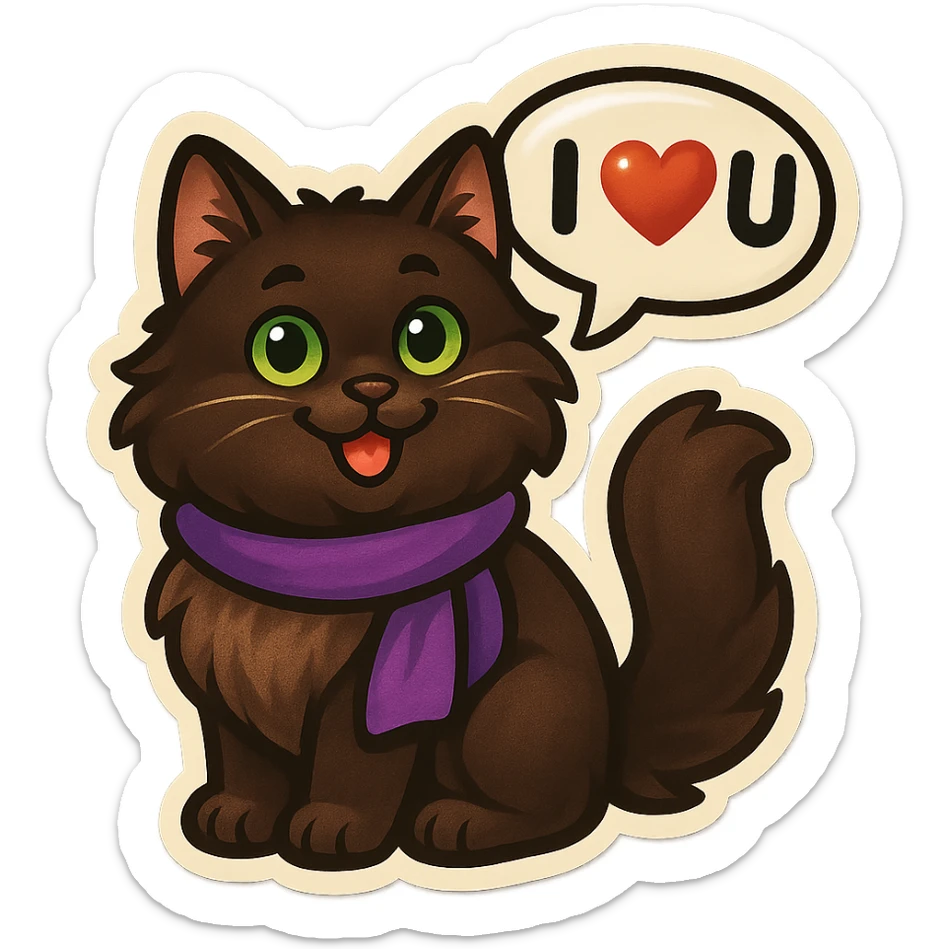 Fluffy happy smiling cute dark-brown cat with green eyes and a purple scarf saying ‘I ♡ U’ (with a speech bubble) sticker