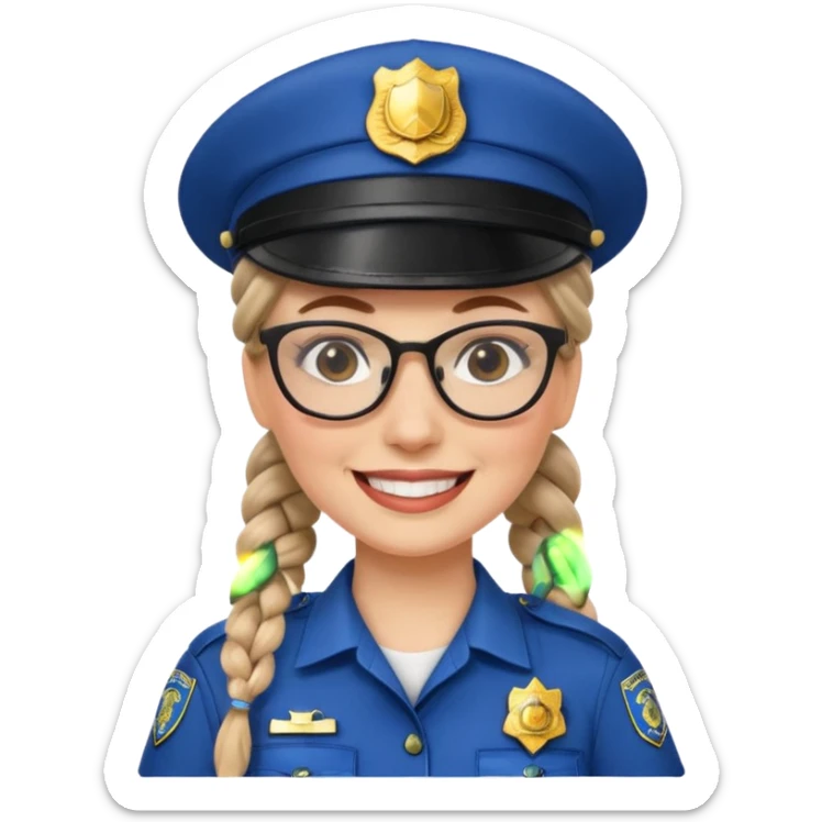 happy white woman police with braided hair wearing hat, glasses  sticker