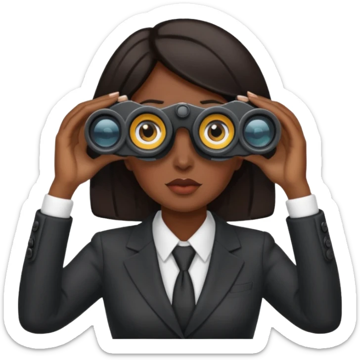 a woman with dark hair in a business attire looking into binoculars sticker