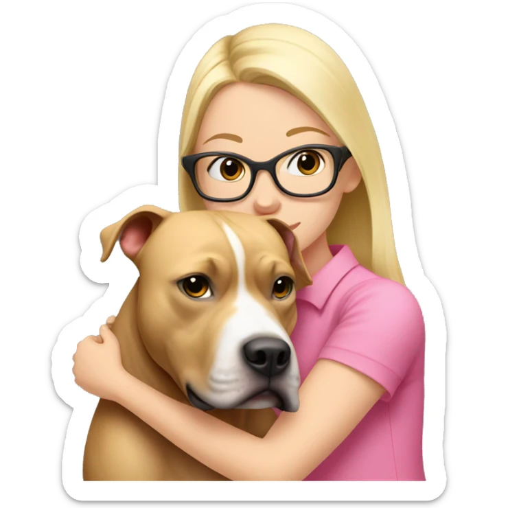 blonde haired girl with clear glasses and a pink shirt hugging a blonde American pit bull sticker