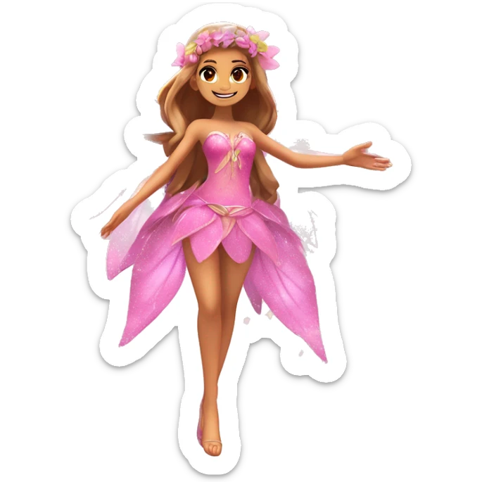 Flora the adult latina fairy of nature in her enchantix fairy pink clothing and fairy enchantix wings and long light brown hair from winx club. Small eyes, Lots of sparkles and fairydust. Full body and full fairy bliss sticker