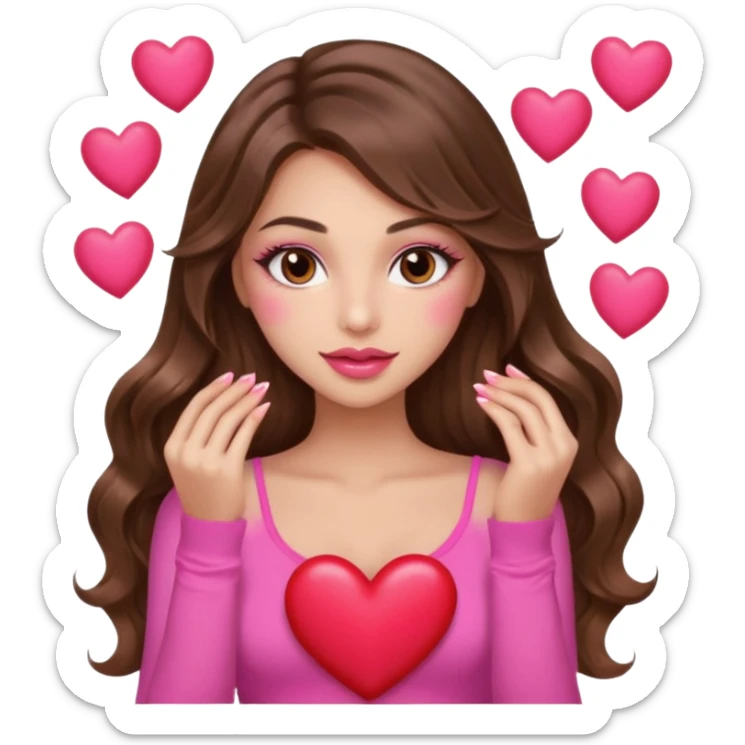 girl with long wavy brown hair, brown eyes, long lashes makeup, sexy pink lips, light to medium complexion, wearing a pink sexy top, many  hearts in hand sticker