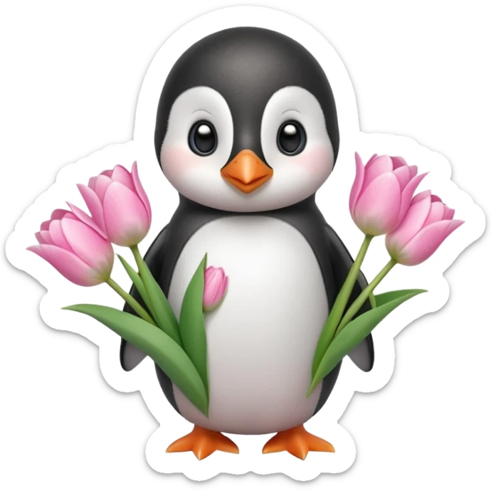 Cute baby penguin holding flower bouquet wraped in white paper and all flowers tulips in pink colour sticker