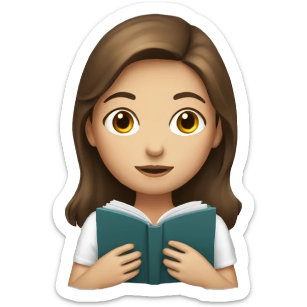 A girl with brown hair with a book sticker