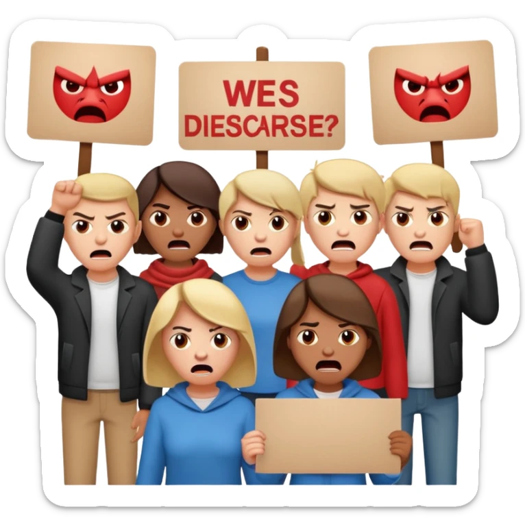a crowd of people with angry faces and holding placards that read: we disagree sticker