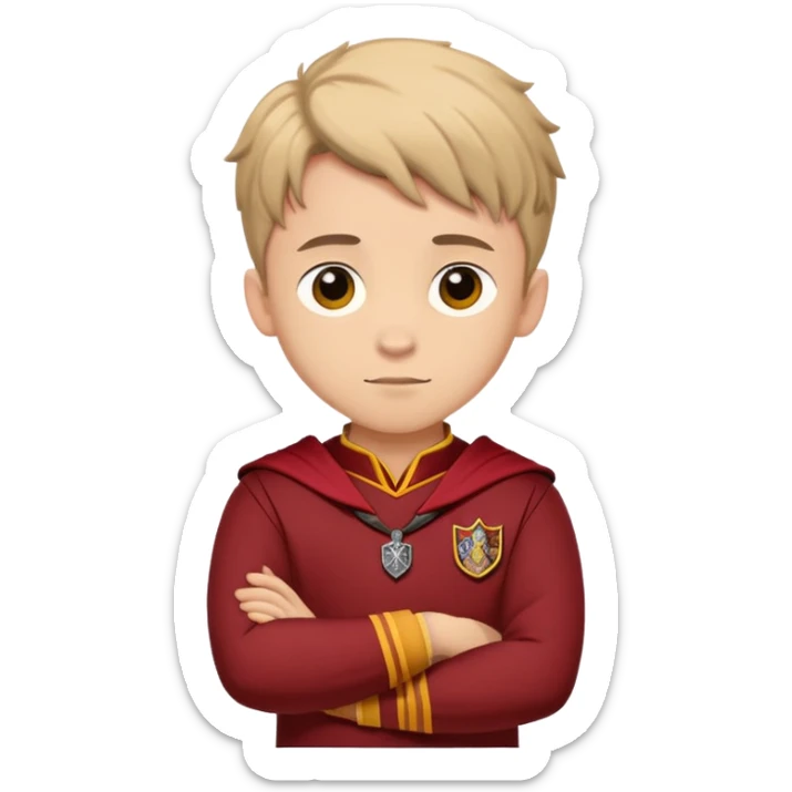 A young adult man slightly to the side looking forward with crossed arms wearing the Gryffindor uniform sticker