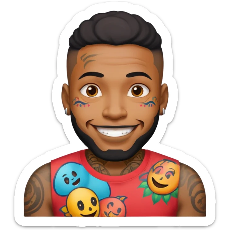 black man with bold face tattoos, happy face, wearing a colorful t-shirt sticker