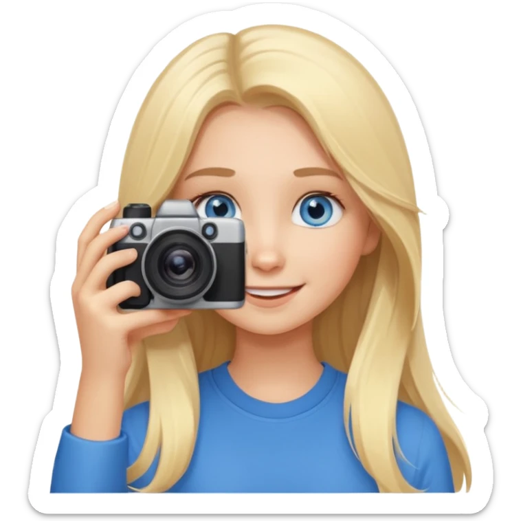  blue eyes blonde girl photographer cartoon taking picture in middle of taking picture camera in front of face long hair smiling funny flash professional, camera in front of face sticker