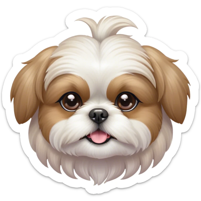 Cinematic Cute Shih Tzu Portrait Emoji, Head playfully tilted with large, sparkling eyes and a fluffy, endearing fur in gentle, pastel tones, simplified yet irresistibly charming, highly detailed, glowing with a warm, cuddly radiance, high shine, radiating affectionate and joyful energy, styled with a soft, playful outline, capturing the essence of a cute Shih Tzu that seems destined to charm everyone in its path! sticker