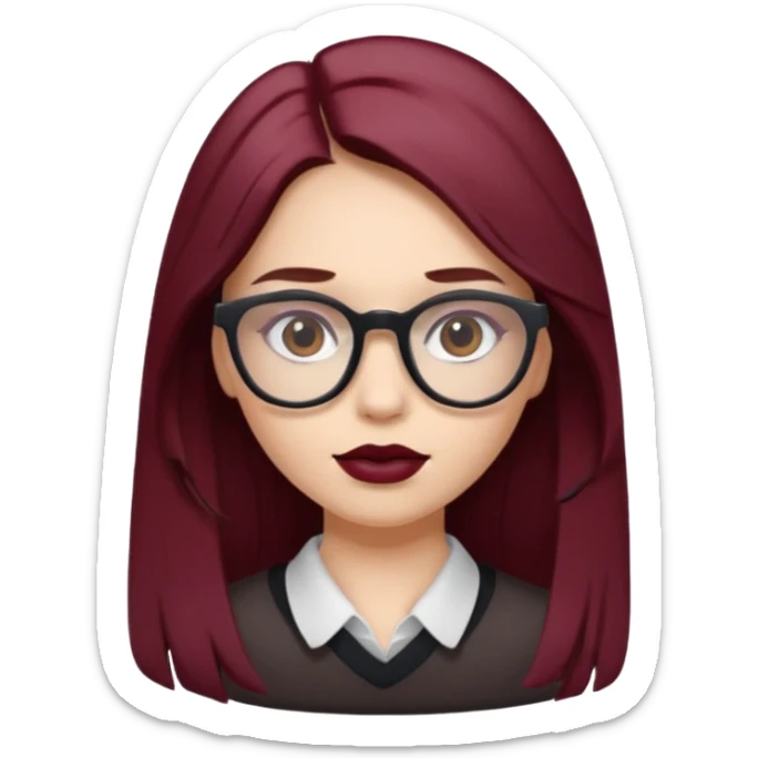 white-skinned girl with long brown hair showing maroon under hair, brown glasses, brown lipstick sticker