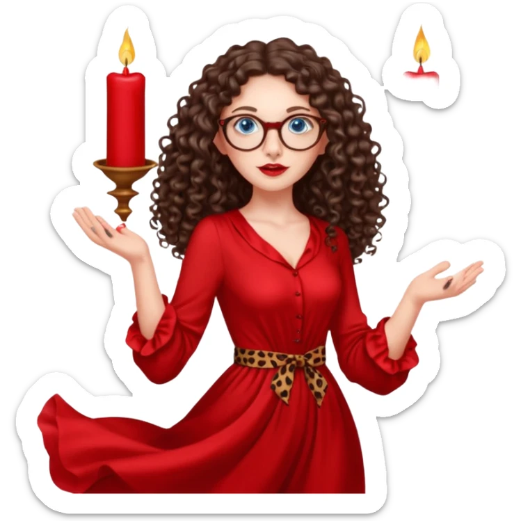 a blue eyed woman with very long brunette curly hair, full lips,and really pale skin. She is wearing a leopard printed thin round-ish glasses . She is wearing fully plain silky red dress. She is flying on the air. There are red candles in her hands. She is making a magic. sticker