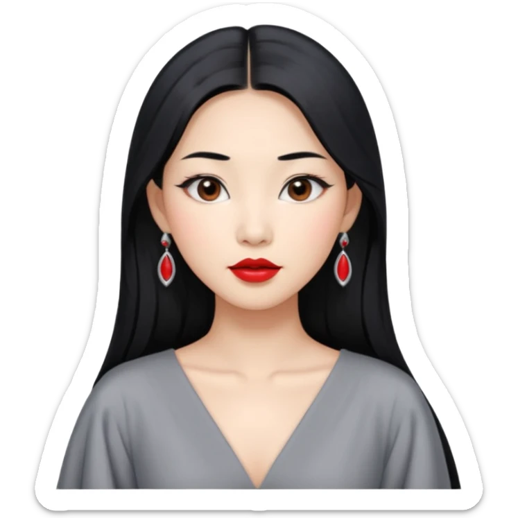 30 yr old asian woman, middle parted straight long black hair, very pretty, fancy grey dress, earings, red lipstick, silver earings sticker