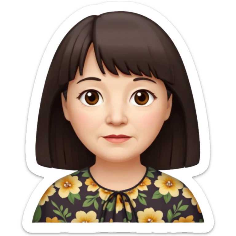 60 yr old woman, long hair, very small brown eyes, long hair, straight dark brown hair, bangs, chubby, long face sticker
