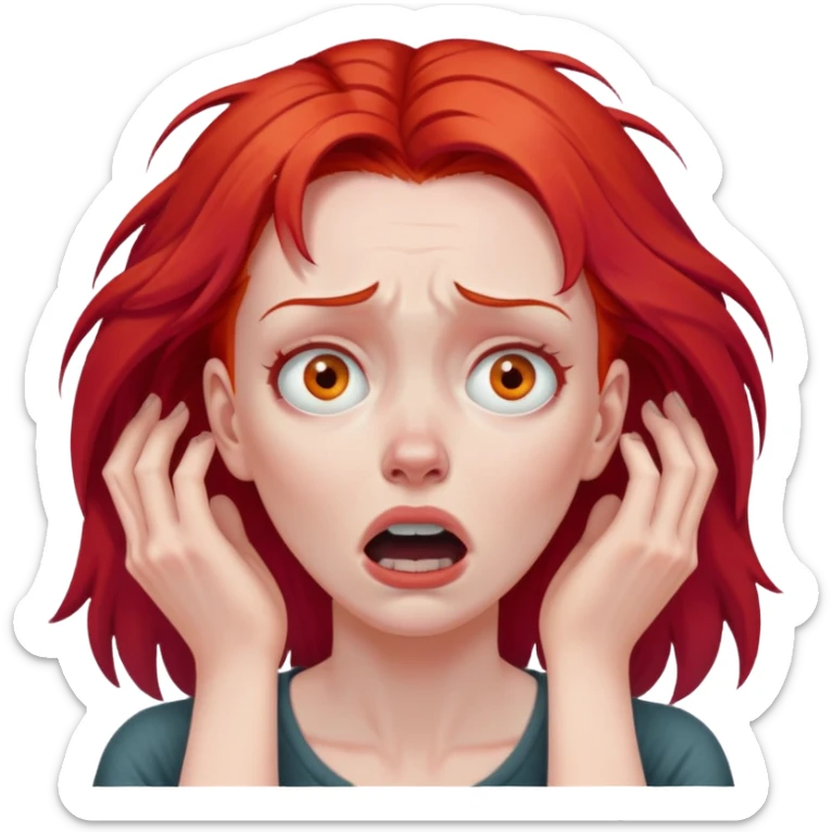 of a white woman with bright red hair, visibly distressed and clutching her neck with both hands, her face conveying a strong sense of panic and fear sticker