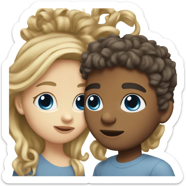 girl with straight blonde hair and blue eyes kissing mixed boy with curly brown hair sticker