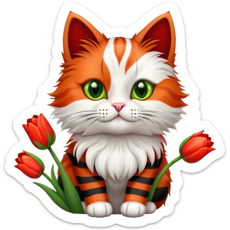 tricolor fluffy cat with big green eyes holding red tulips in her arms sticker
