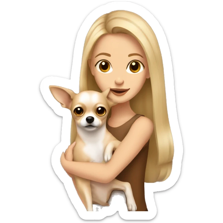 long dirty blonde hair, brown eyes, caucasian lady hugging tan chihuahua sticker