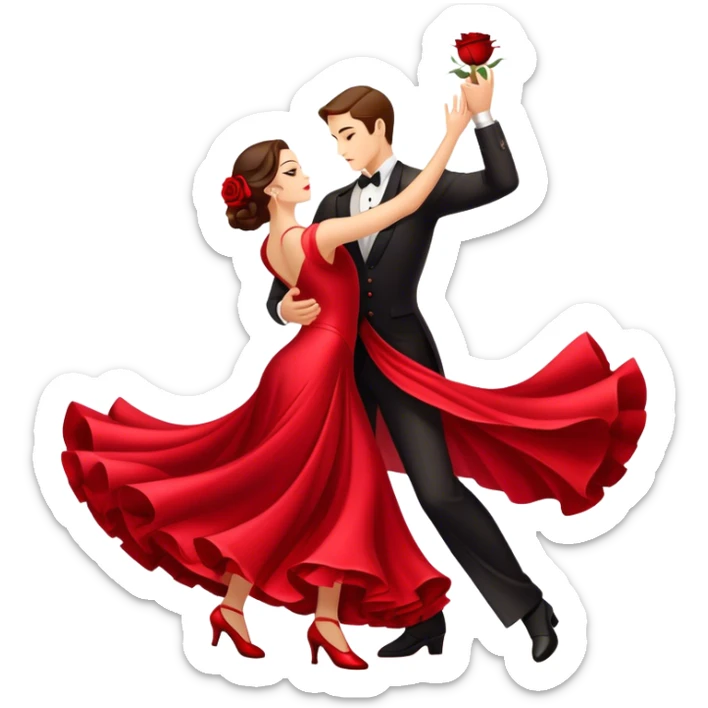 Icon for Ballroom Dancing: a pair of ballroom dance shoes, a rose, a dance floor, a flowing, voluminous ballroom dress in motion, and a shining spotlight. The icon should represent the elegance and atmosphere of ballroom dancing, focusing on the attire and setting. Transparent background. sticker
