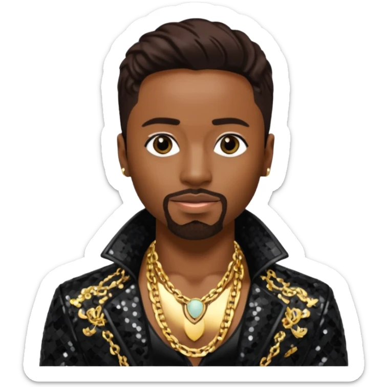 Teddy Riley with dark brown hair, black sequin jacket, shirtless with necklace  sticker