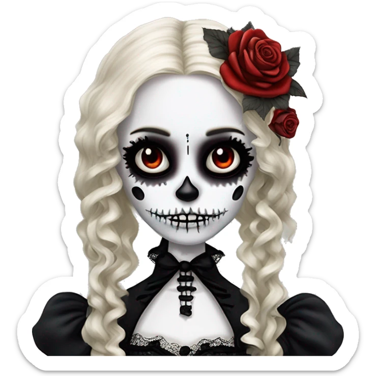 Skeleton, Tim Burton style, cracked porcelain doll face, goth makeup, long hair, lace, ruffles, Lolita fashion, inked, red roses, gothic castle. sticker