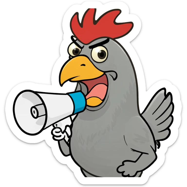 goofy over-the-top rooster with a megaphone yelling 'tung tung tung sahur', brainrot meme-inspired style sticker