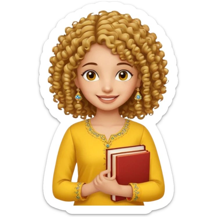 a pretty bratz girl with curly hair wearing a yellow kurti, eyeliner, jhumkas, carrying books sticker