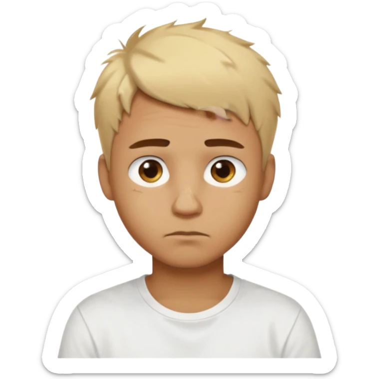Male with short, messy blonde hair, large expressive golden-brown eyes, brown skin color, scar over nose, wearing a plain white t-shirt. sticker